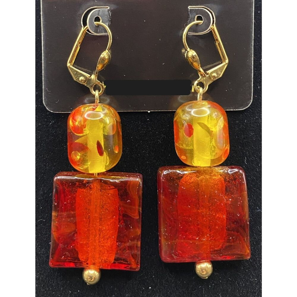 Handmade Red Glass with Yellow & Red Acrylic Bead Earrings by Neanie-Bot